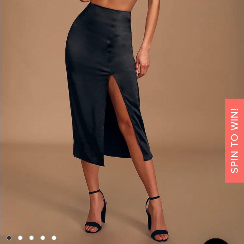 Lulus black satin high slit midi skirt size M